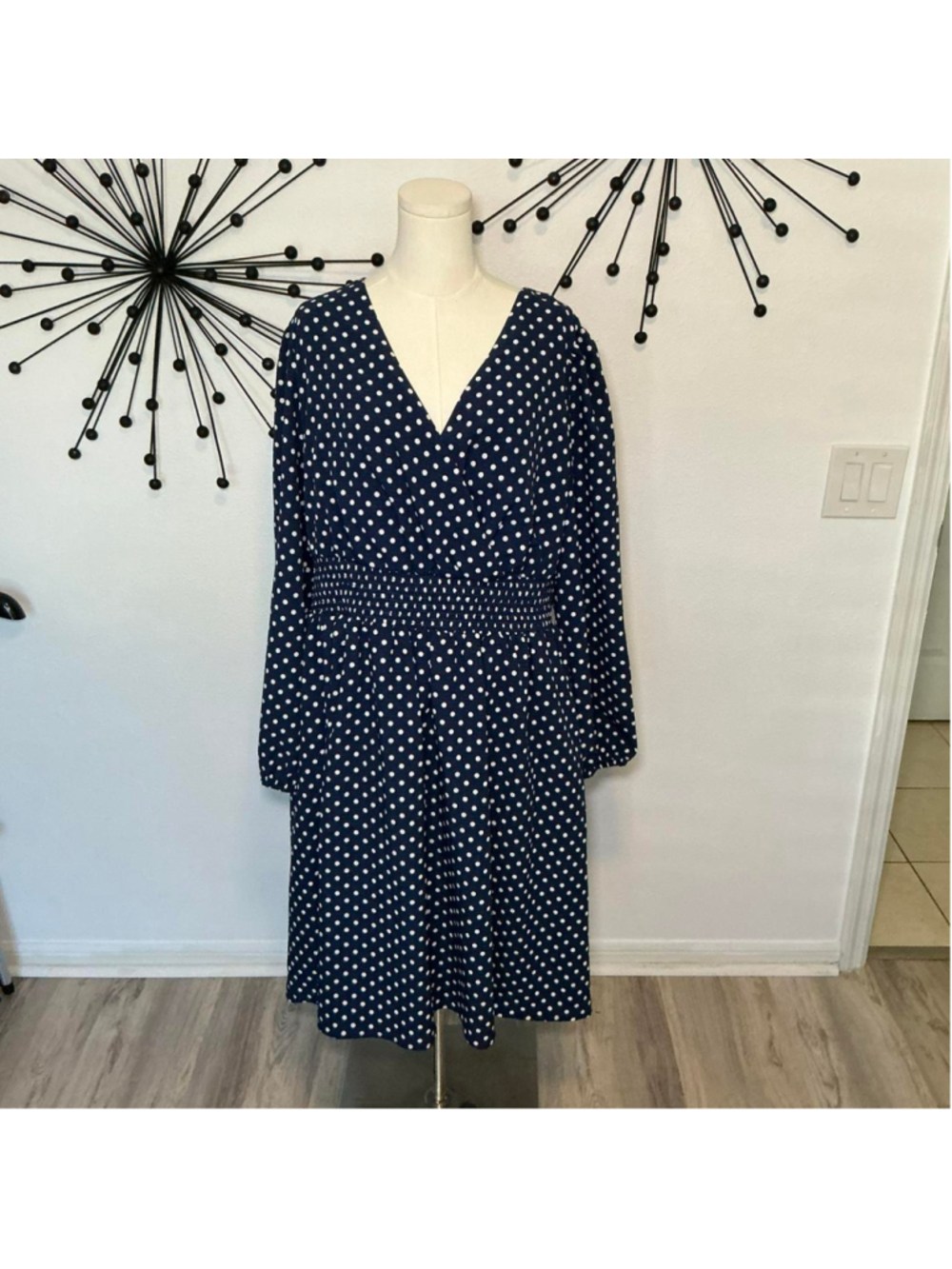 Draper James RSVP Navy Polka Dot Midi Dress Size 2X Smocked Waist